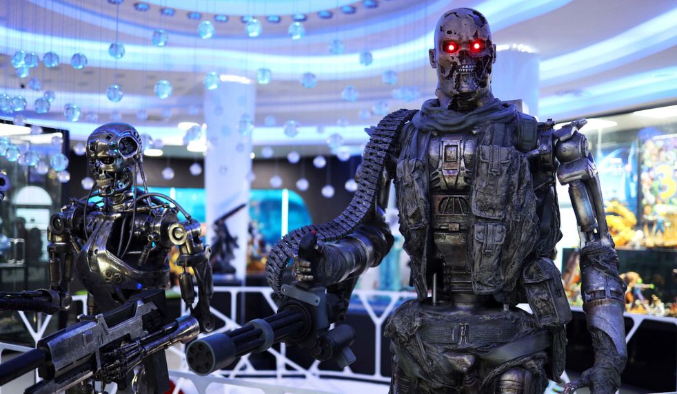 Models of killer robots from &#039;Terminator 2&#039; on display at the Robot Dessert Cafe in Thailand. 