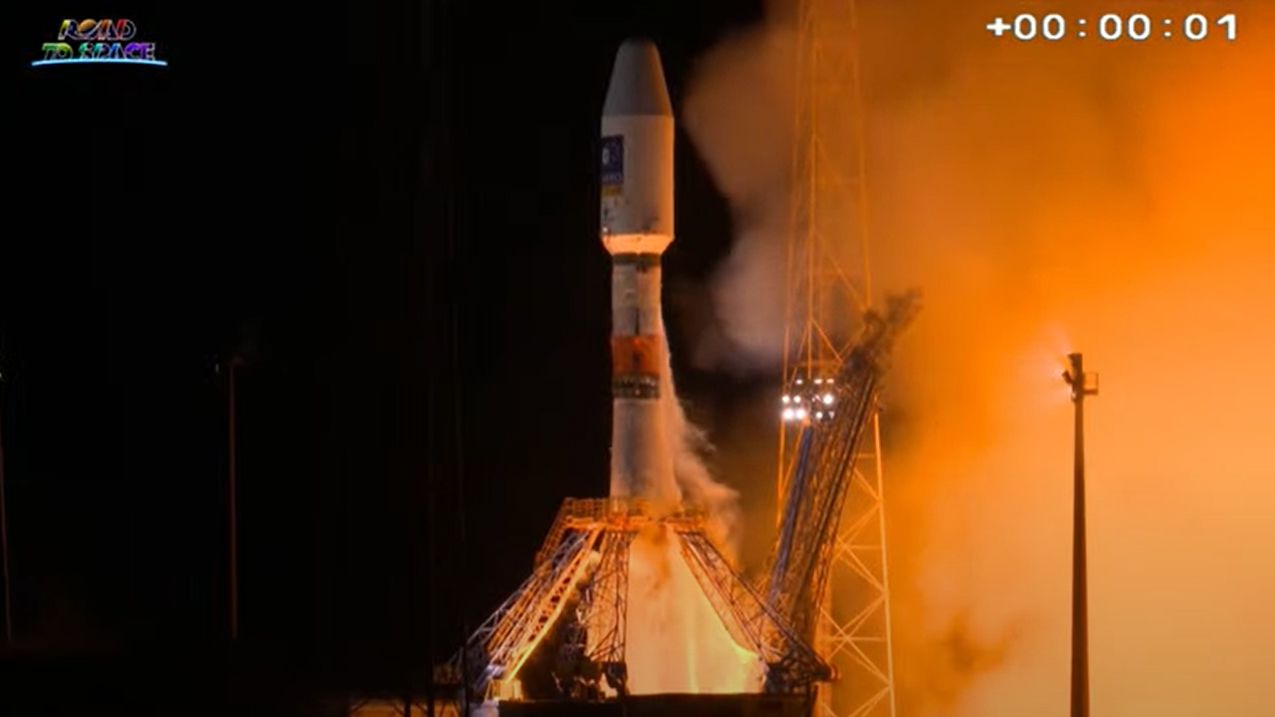 An Arianespace Soyuz rocket carrying two new Galileo navigation satellites launches into orbit from the Guiana Space Center in Kourou, French Guiana on Dec. 4, 2021.