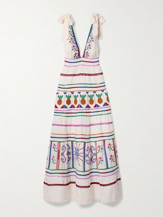 Embroidered Tiered Linen-Blend Maxi Dress