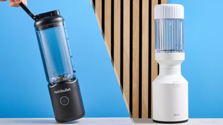 Nutribullet Flex (left) and Beast Mighty 850 Plus (right) pictures on a blue background