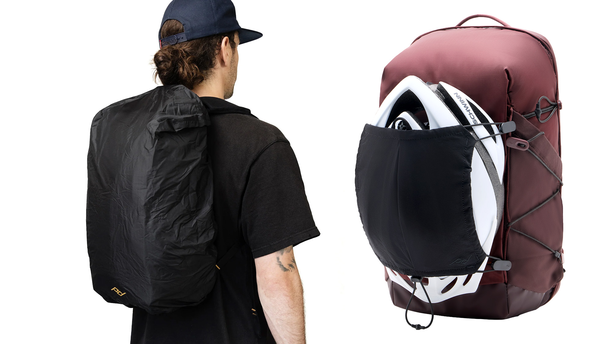 Peak Design Outdoor Rain Fly and Peak Design Helmet Carrier product images on white background