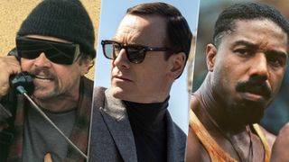 (L-R) Leonardo DiCaprio as Bob Ferguson in "One Battle After Another," Michael Fassbender as George T. Woodhouse in "Black Bag" and Michael B. Jordan as "Smoke" in "Sinners"