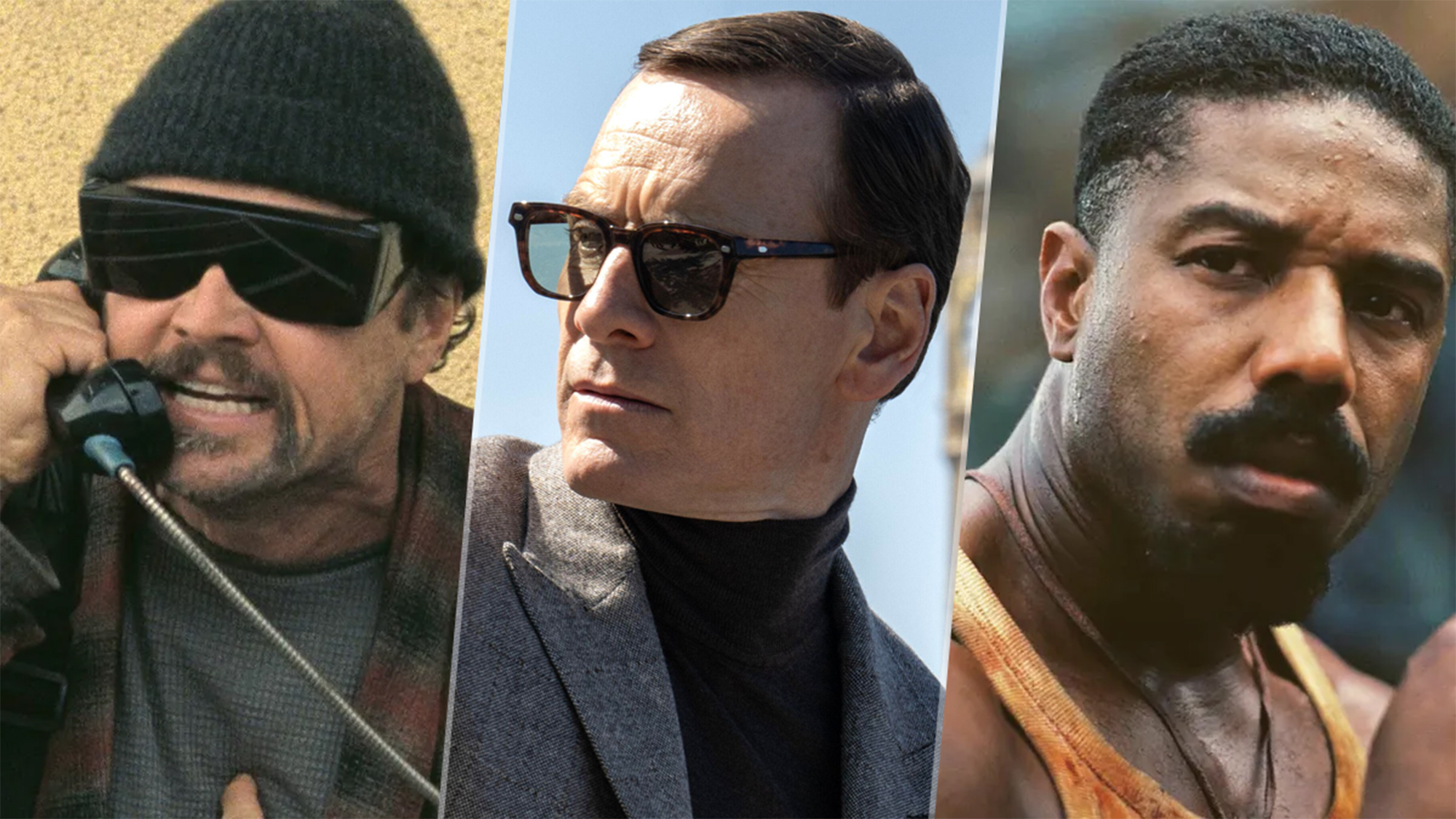 (L-R) Leonardo DiCaprio as Bob Ferguson in "One Battle After Another," Michael Fassbender as George T. Woodhouse in "Black Bag" and Michael B. Jordan as "Smoke" in "Sinners"