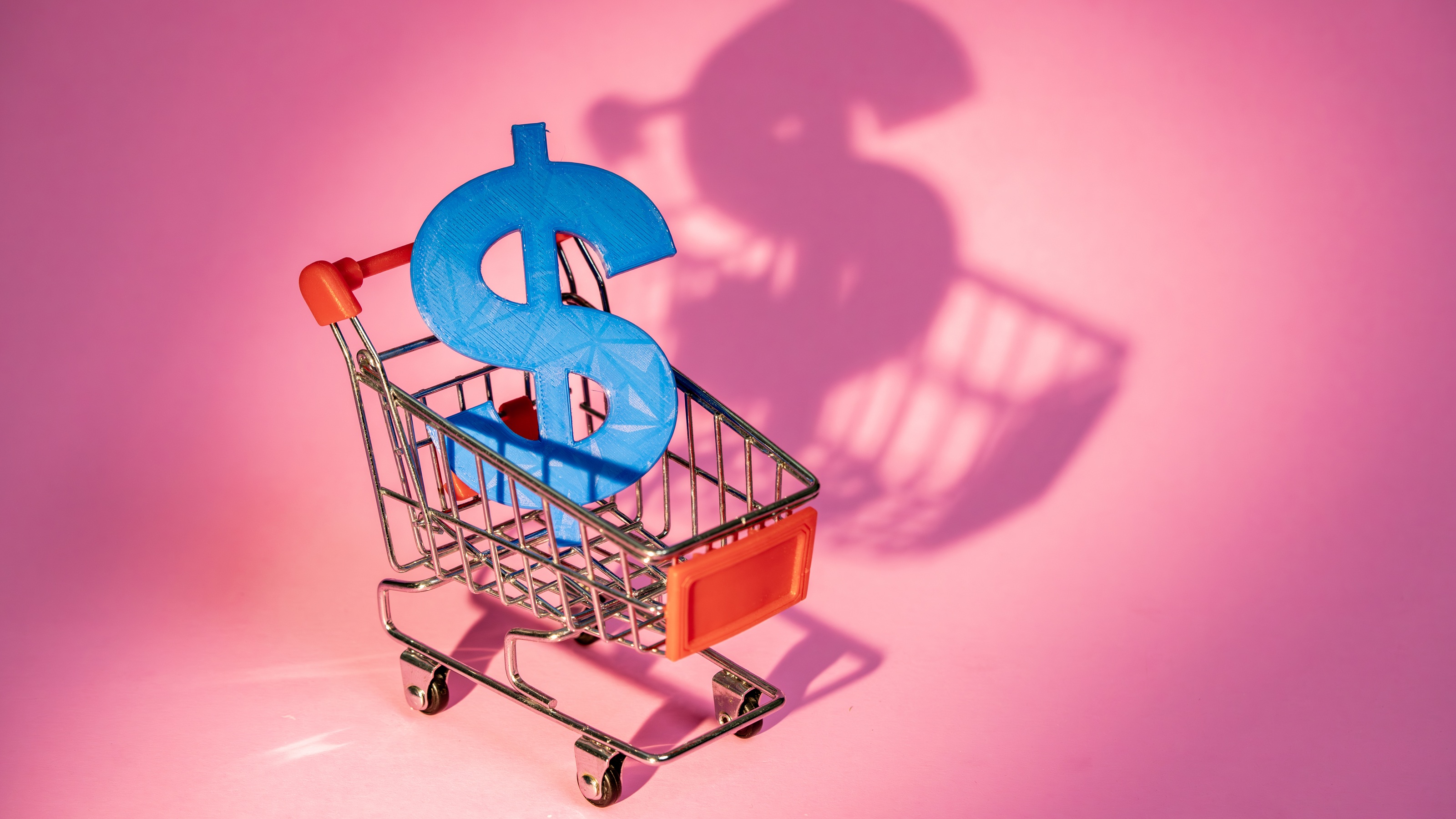 A shopping cart with a big blue dollar sign in it against a pink background.