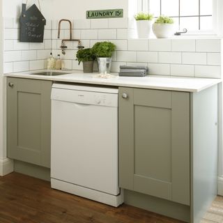 Sage green utility room with white washing machine and plants on top of surface.