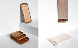 Left, stacked modular and rectangular wooden trays made of white ash. Right, two fringed summer towels in white and brown