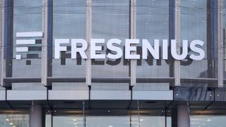 Silver Fresenius sign outside of company headquarters in Frankfurt, Germany