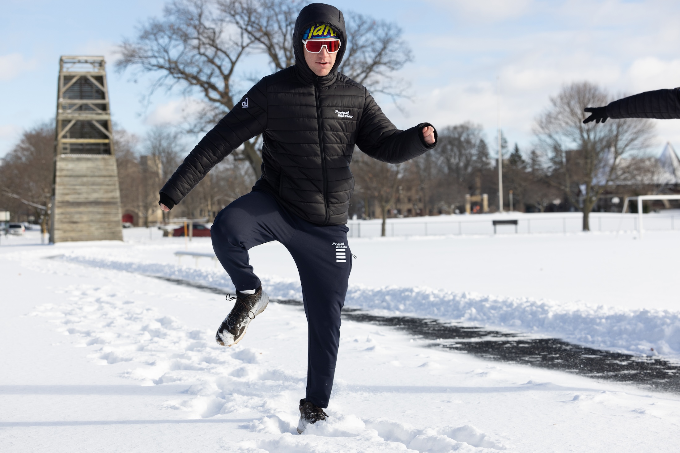 Cade Bickmore navigates through snow for outdoor drills at team camp