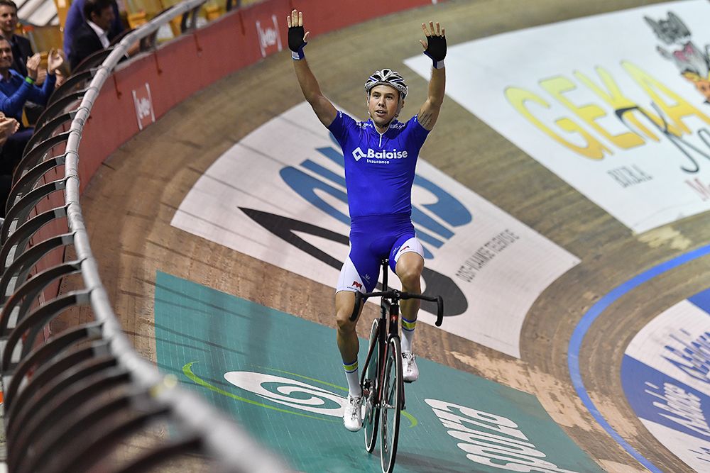 Moreno De Pauw celebrates a win during day 3 at the Gent Six Day podium