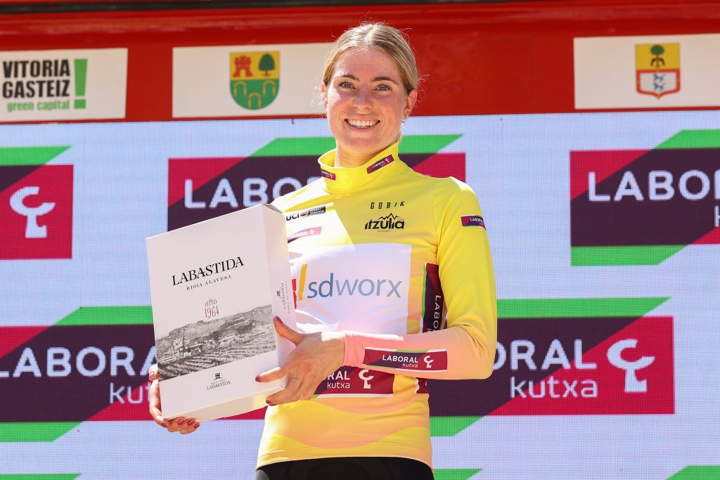 LABASTIDA SPAIN MAY 13 Demi Vollering of Netherlands and Team SD Worx celebrates winning the Yellow Leader Jersey on the podium ceremony after the 1st Itzulia Women 2022 Stage 1 a 1059km stage from VitoriaGasteiz to Labastida ItzuliaWomen UCIWWT on May 13 2022 in Labastida Spain Photo by Gonzalo Arroyo MorenoGetty Images