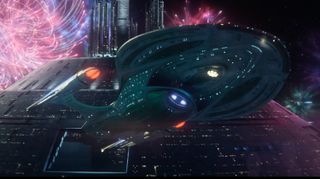 a screenshot from "Picard" showing a spaceship in outer space