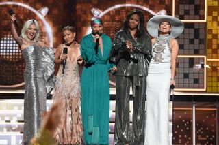 Lady Gaga, Jada Pinkett Smith, Alicia Keys, Michelle Obama and Jennifer Lopez speak onstage during the 61st Annual GRAMMY Awards