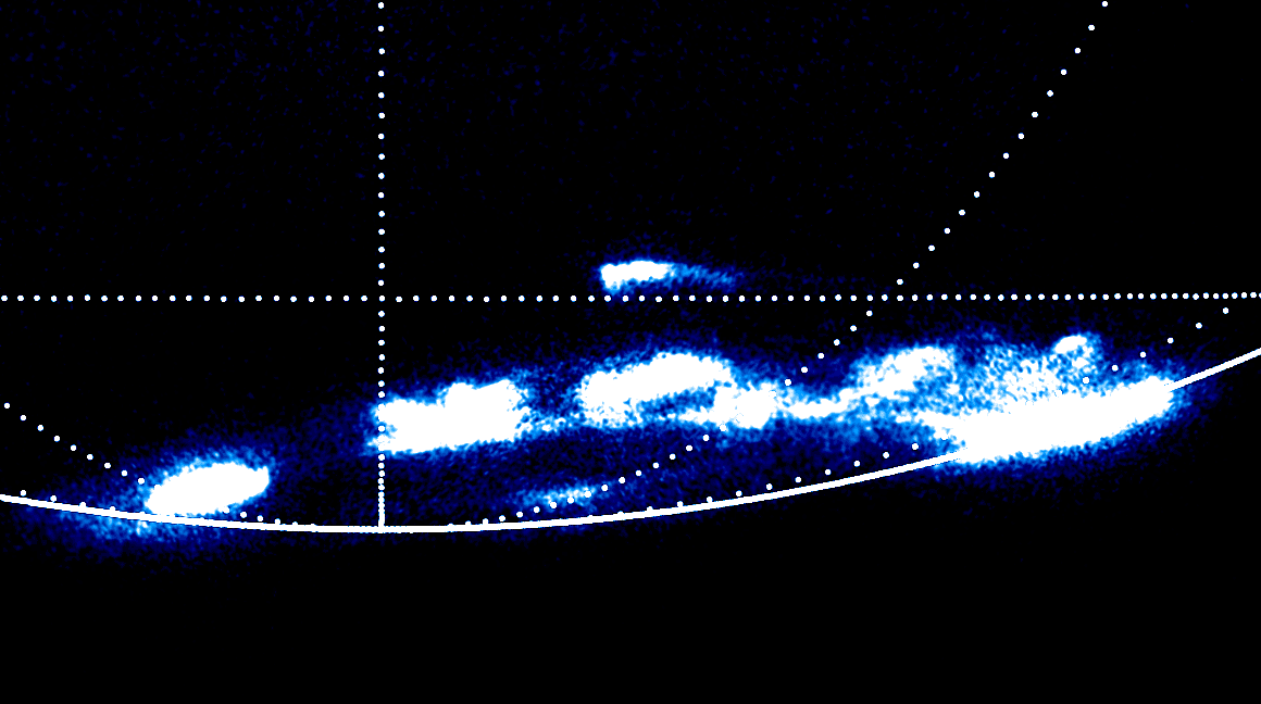 Ultra-violet Hubble Space Telescope image of the southern aurora on Jupiter. The most poleward patch of emission has been found to appear and fade away every 2-3 minutes. 