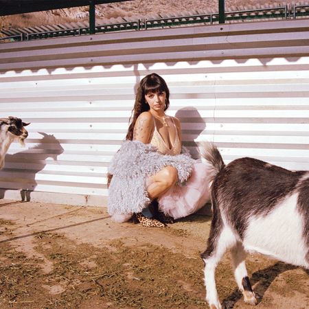 Singer Rebecca Black is photographed on a farm next to goats. She is crouched down with short bangs and her brown hair long and wavy. She is wearing a pink lace bra styled with a shaggy gray coat, a pink tutu, and leopard-print heels. 