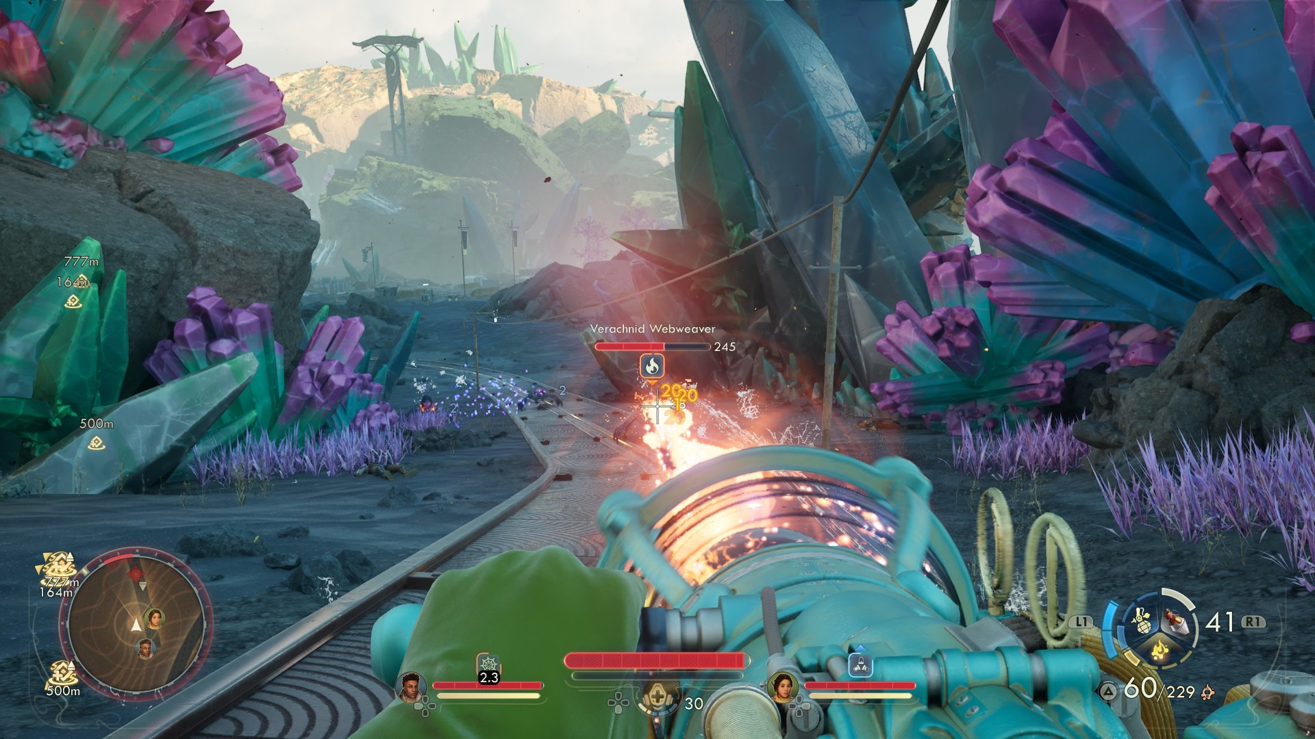 The Outer Worlds 2 screenshot showing a heavy science weapon firing out heated plasma