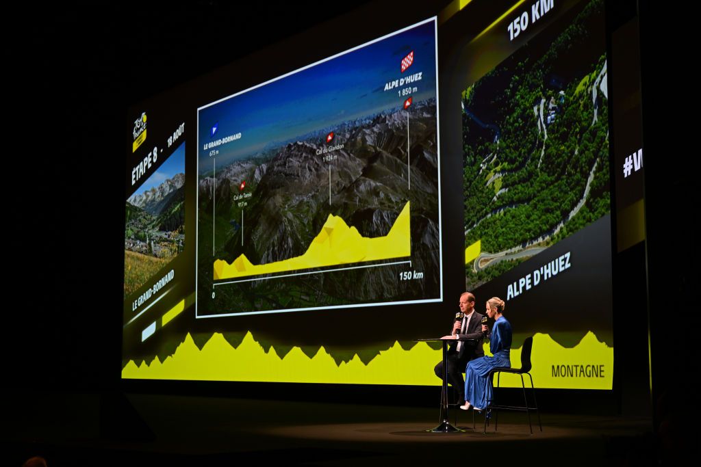 PARIS FRANCE OCTOBER 25 LR Christian Prudhomme of France Director of Le Tour de France and Marion Rousse of France director of the Tour de France Femmes present the official route during the 111th Tour de France 2024 3rd Tour de France Femmes 2024 Route Presentation UCIWT UCIWWT on October 25 2023 in Paris France Photo by Dario BelingheriGetty Images