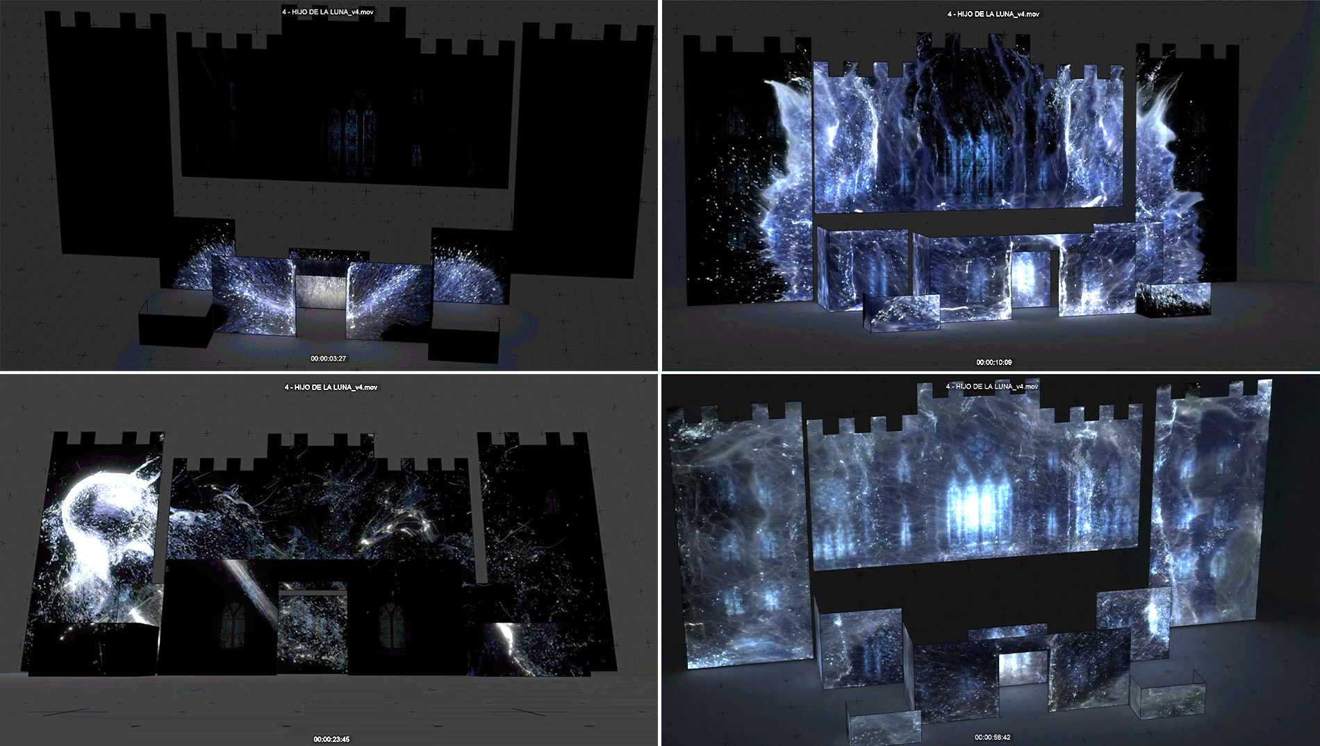 A four-panel sequence showing dynamic, glowing blue particle effects projection-mapped onto a 3D castle model.