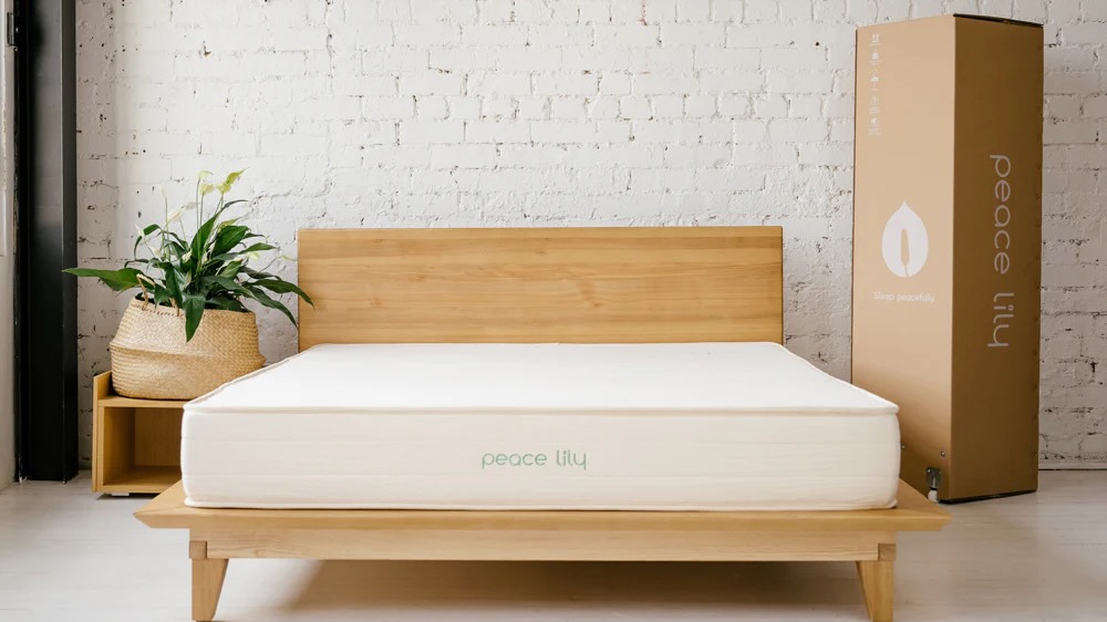 Peace Lily Latex Mattress on a bed frame with its box standing upright on the floor