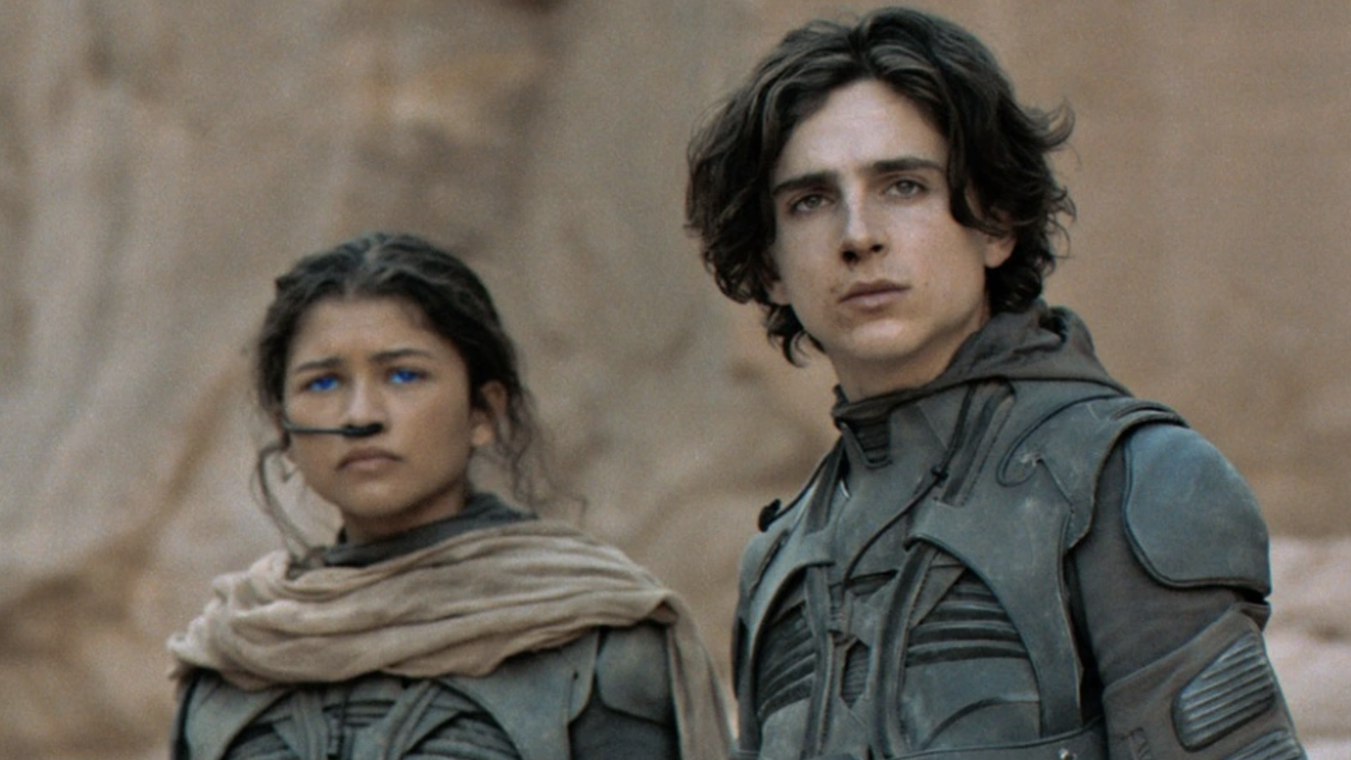 A still from the movie Dune in which , both wearing fremen suits and looking out into the distance