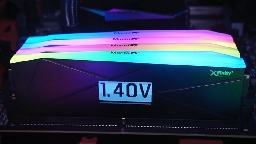 V-Color&#039;s XFinity+ DDR5 RAM with integrated OLED screen, lit up in RGB with the RAM voltage displayed on the side
