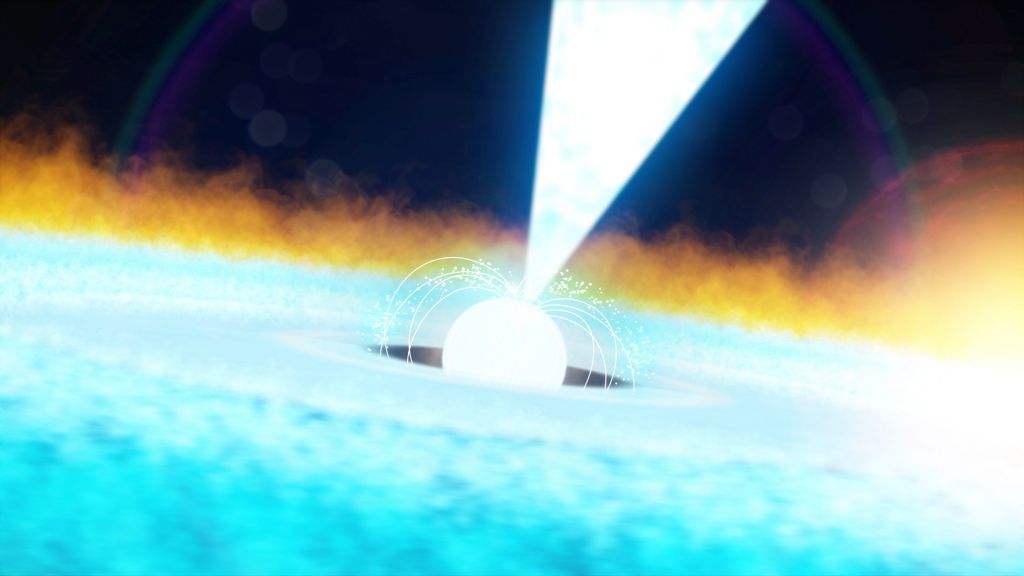 An illustration shows a small neutron star surround by a disk of loose material.