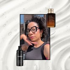 a serum texture background with a girl in a black tank top outside next to two peptide serums from Medik8 and Estee Lauder