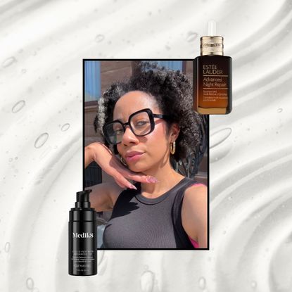 a serum texture background with a girl in a black tank top outside next to two peptide serums from Medik8 and Estee Lauder