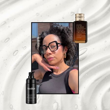 a serum texture background with a girl in a black tank top outside next to two peptide serums from Medik8 and Estee Lauder