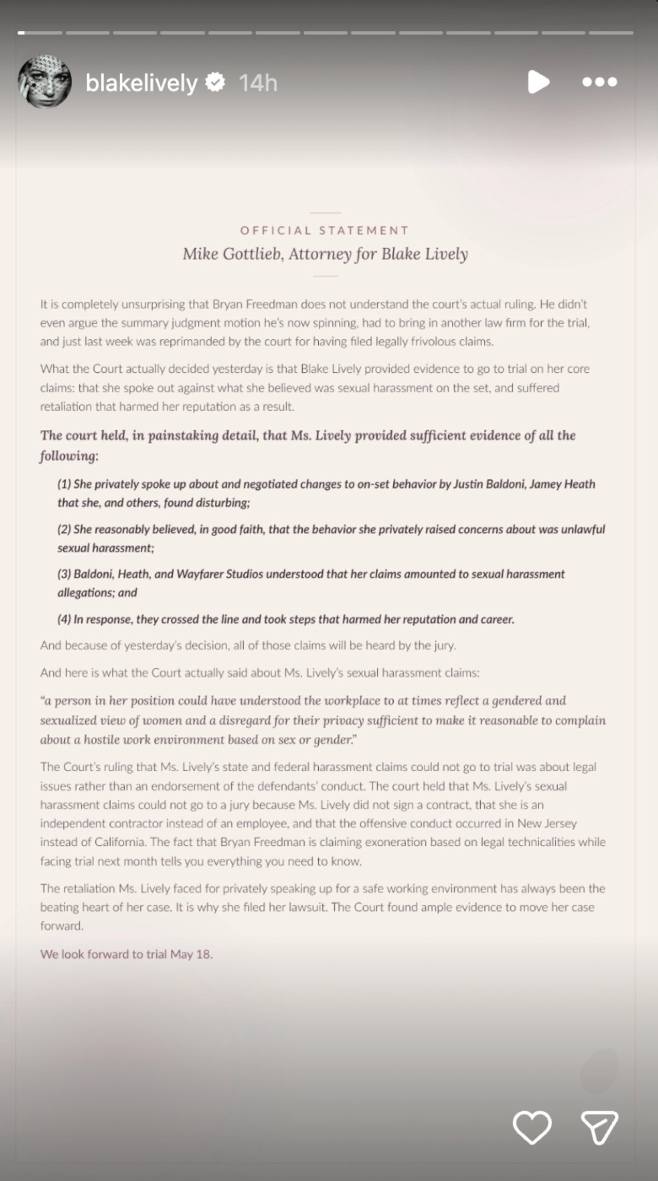 Blake Lively's Instagram story.