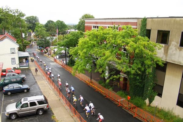 Downtown Doylestown looks calm as the peloton breezes through.
