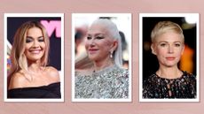 Rita Ora is picture with blonde highlights alongside a picture of Helen Mirren, who is seen with platinum blonde hair extensions and finally, a picture of Michelle Williams, who has a platinum blonde pixie cut/ in a pink textured, 3-picture template to illustrate outdated hair trends
