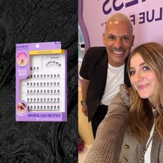 samantha holender and vincent oquendo next to fake eyelashes