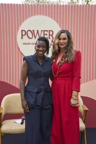 Nikki Ogunnaike and Tina Knowles pose at Power Play