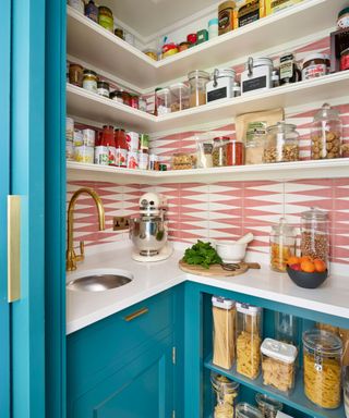 Pantry with colorful tiles and shelving