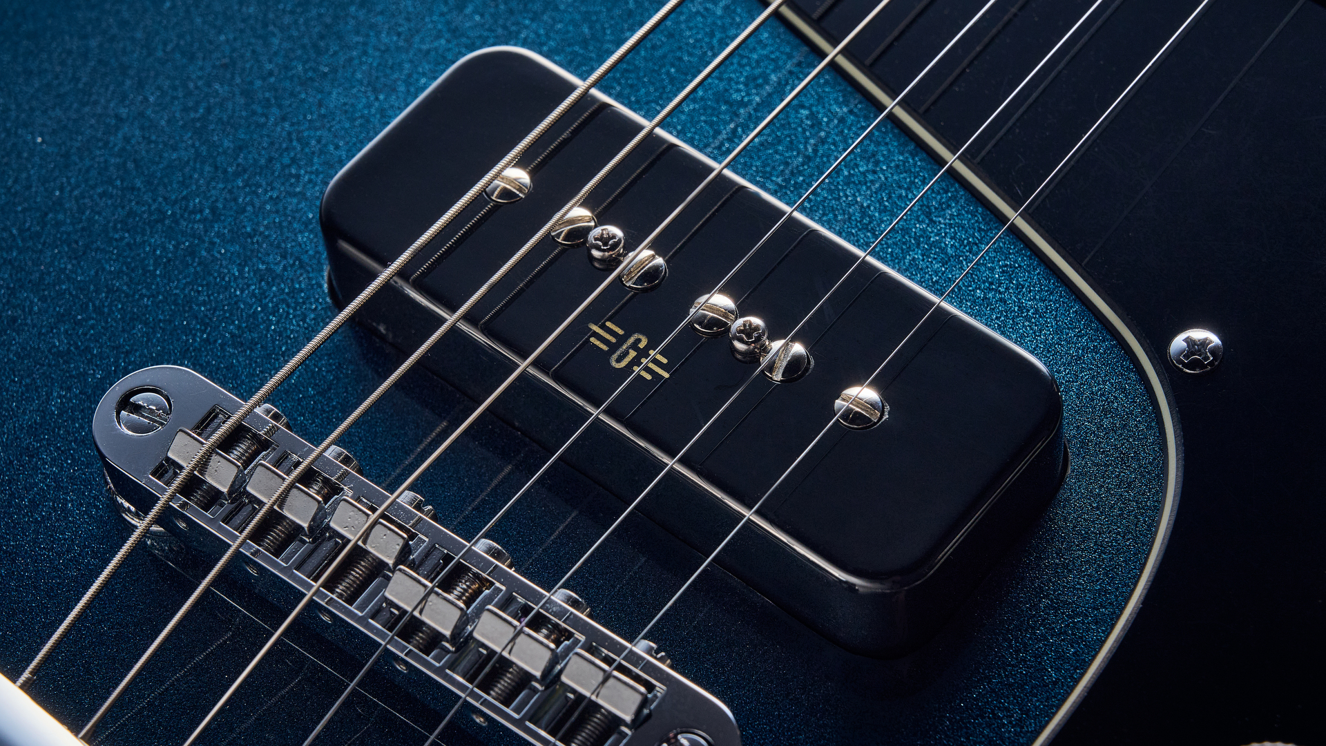 The bridge P-90 pickup on the Baum Carve electric guitar