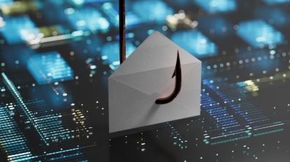 A CGI representation of phishing shown as a fishing hook piercing through an envelope above a circuitboard.