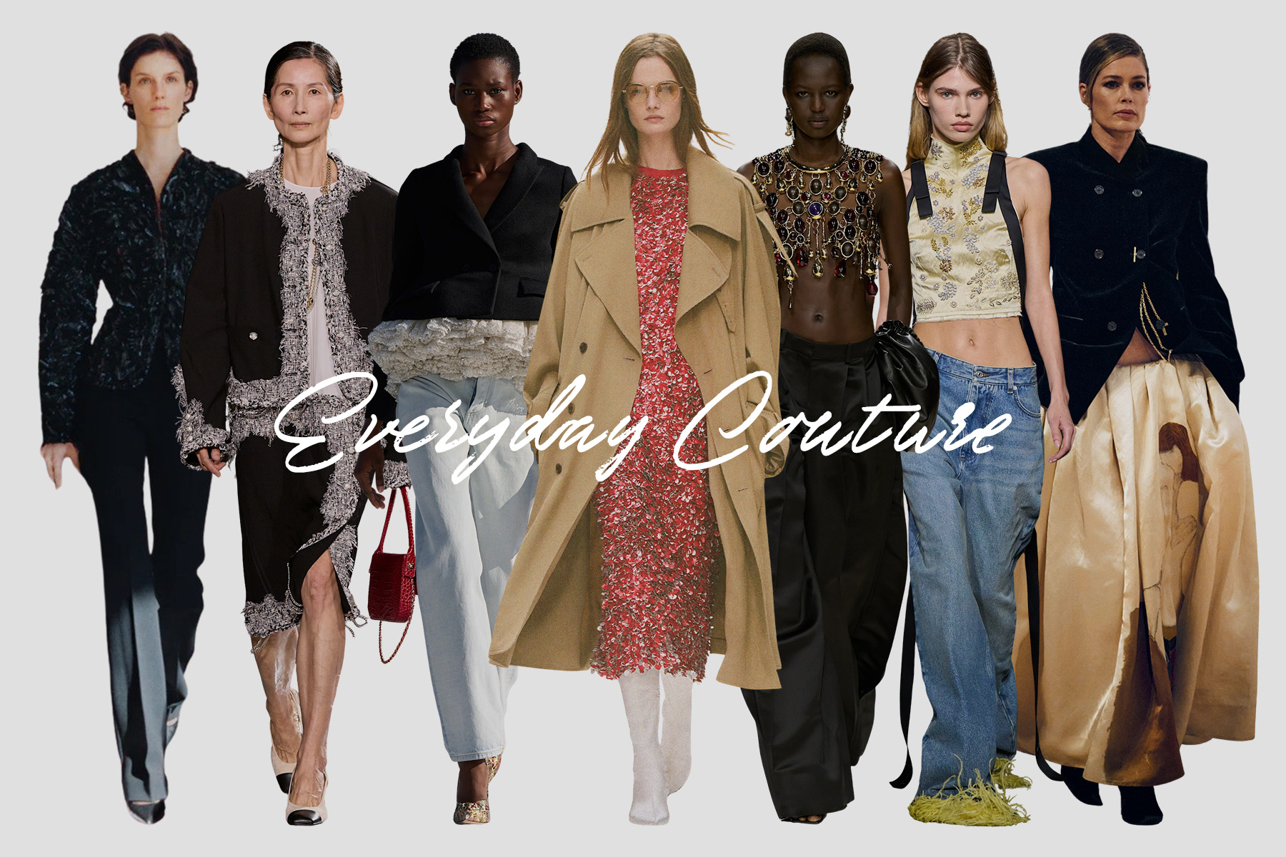 A collage spotlighting the fall/winter 2026 runway trend Everyday Couture, featuring images from Chanel, Dior, Celine, Givenchy, Erdem, Khaite, and The Row.