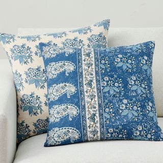 Blue block print throw pillow