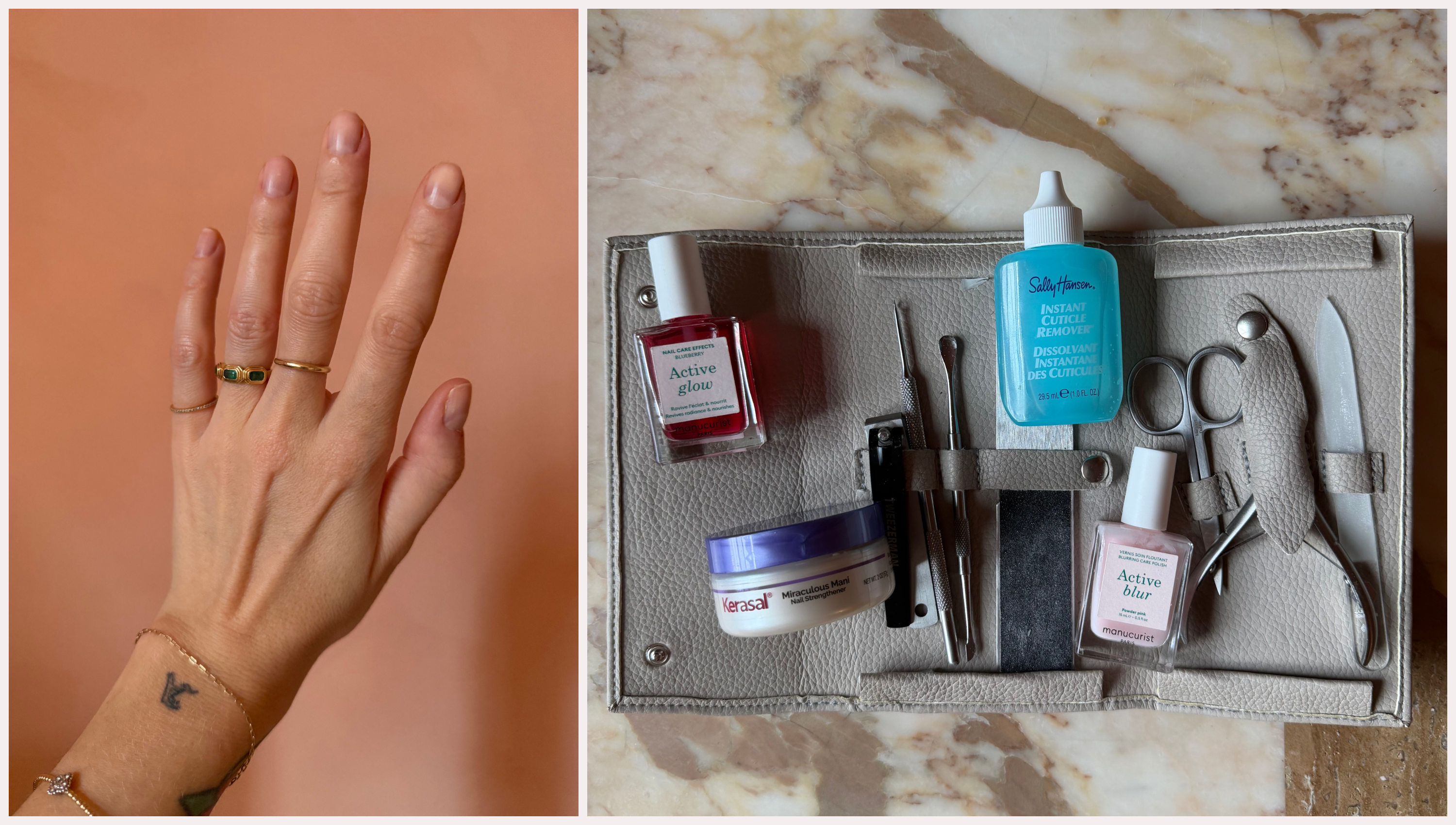a hand in front of a pink background with tattoos and rings and bare nails; to the right features a manicure kit with various nail care tools and cuticle products