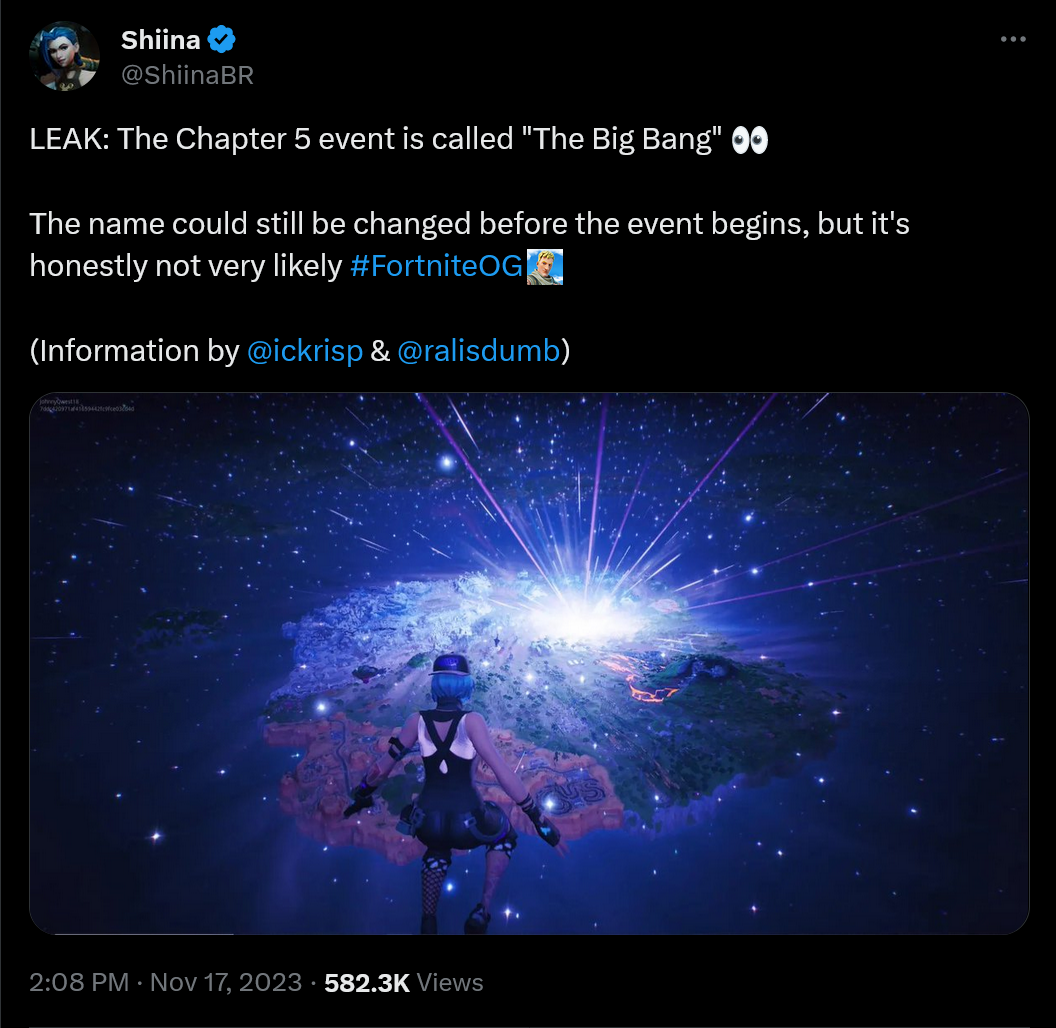 FUGA: El evento del Capítulo 5 se llama "El Big Bang" 👀 El nombre aún podría cambiarse antes de que comience el evento, pero honestamente no es muy probable #FortniteOG (Información de @ickrisp & @ralisdumb)