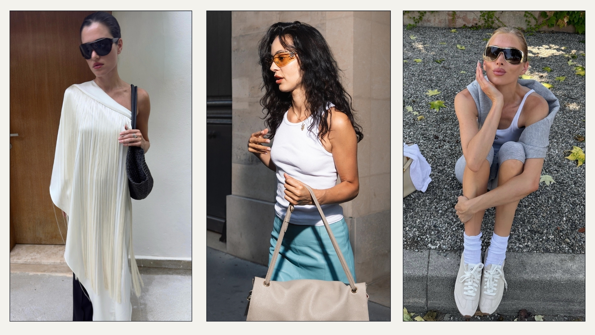 Collage of influencers and celebrities wearing shield sunglasses.
