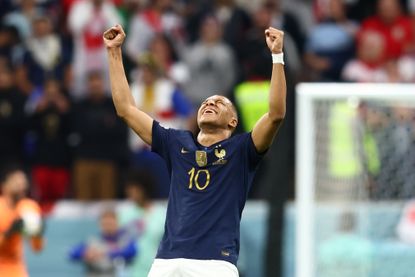 Kylian Mbappe celebrates reaching the France v Morocco match in the 2022 World Cup final