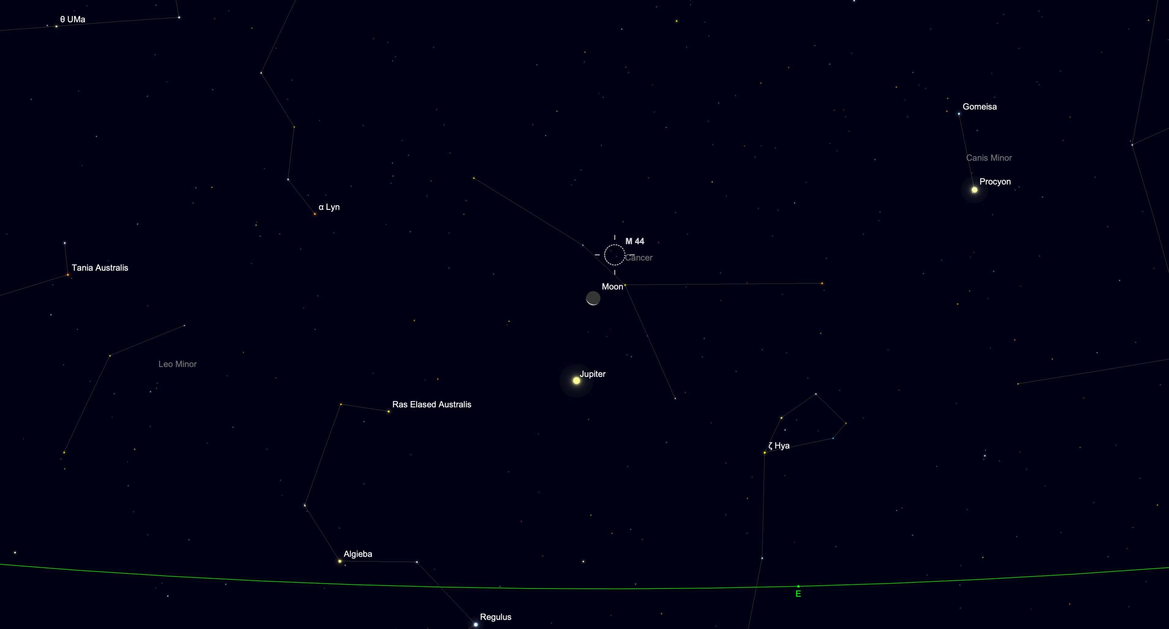 night sky graphic showing jupiter shining close to the moon.
