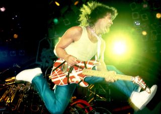 Eddie Van Halen performs with Van Halen in Chicago, Illinois on March 15, 1986