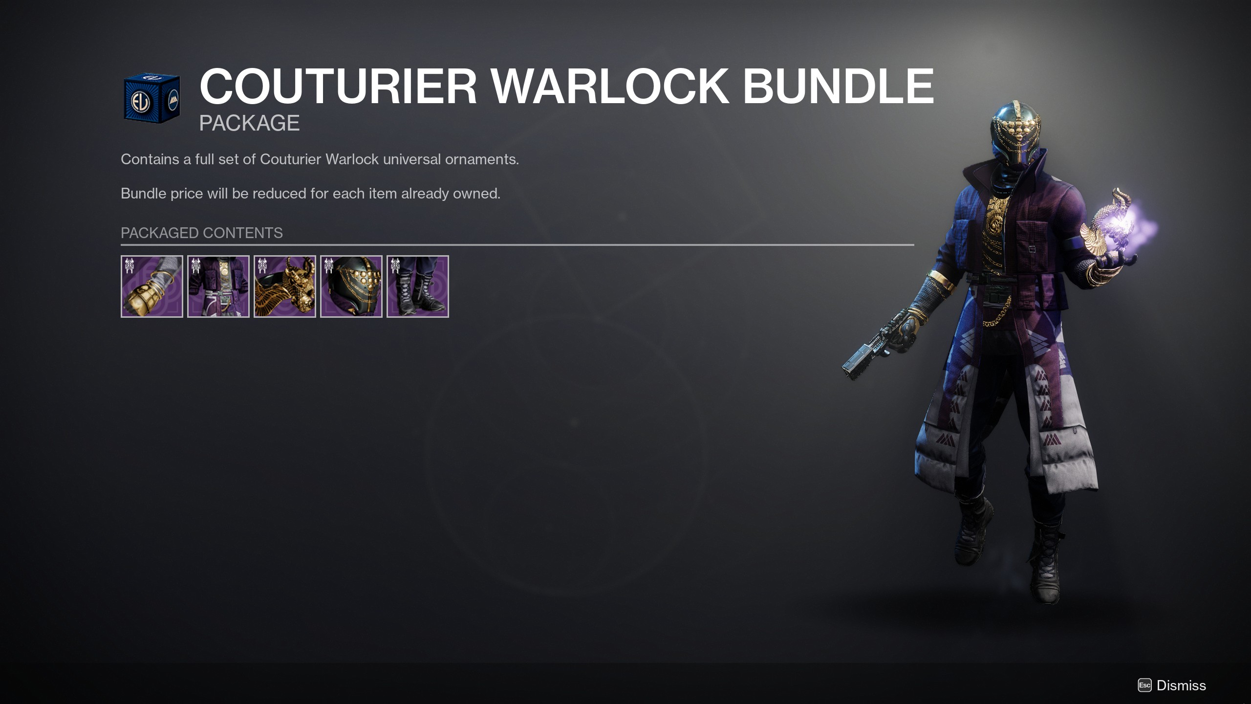 The preview page of the Eververse's latest Warlock armour ornament set.