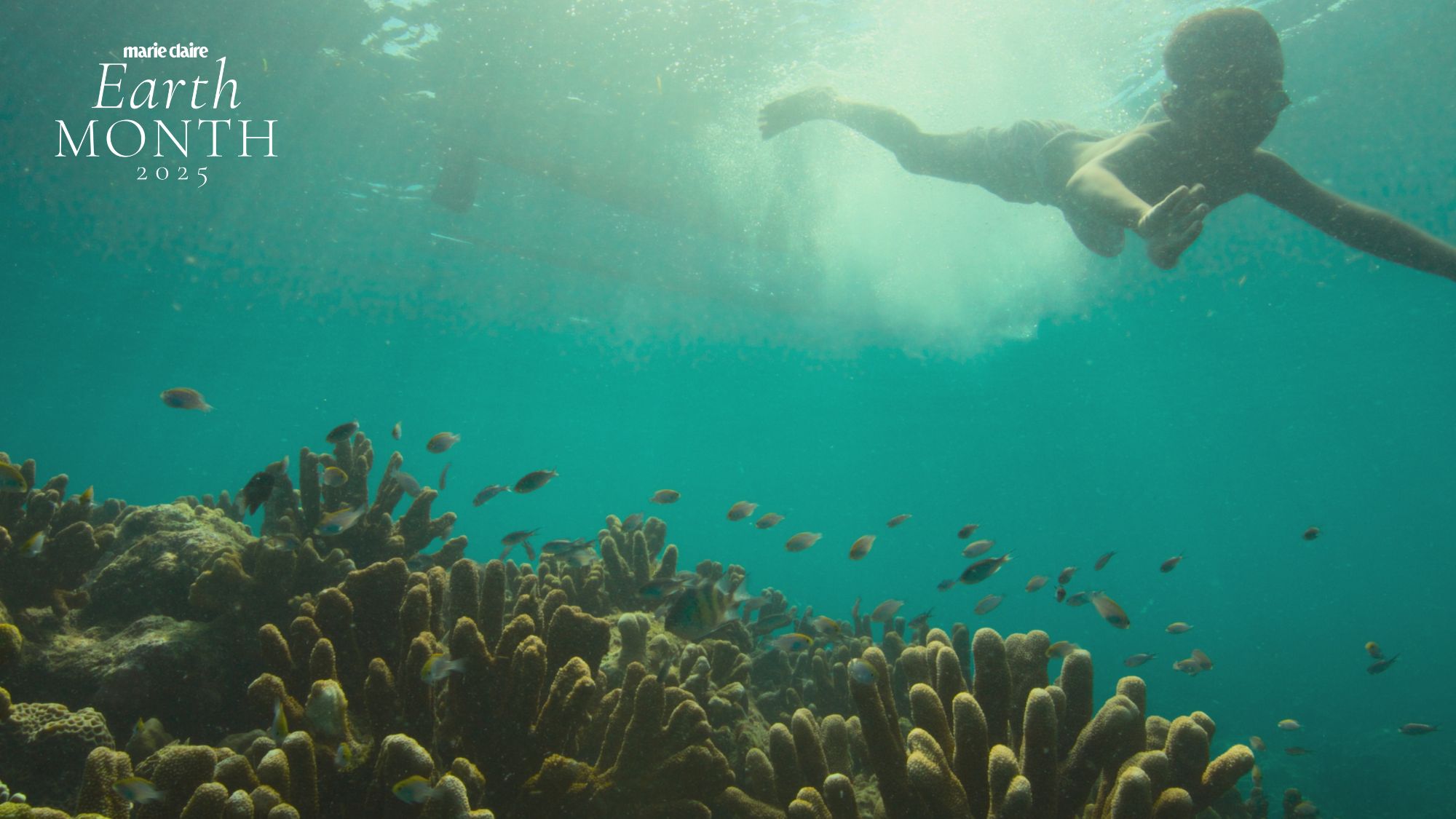 Under the sea, the coral reef in the left hand corner with a young person top right hand corner swimming down into the blue sea near the coral reef with the Marie Claire UK Earth Month 2025 logo