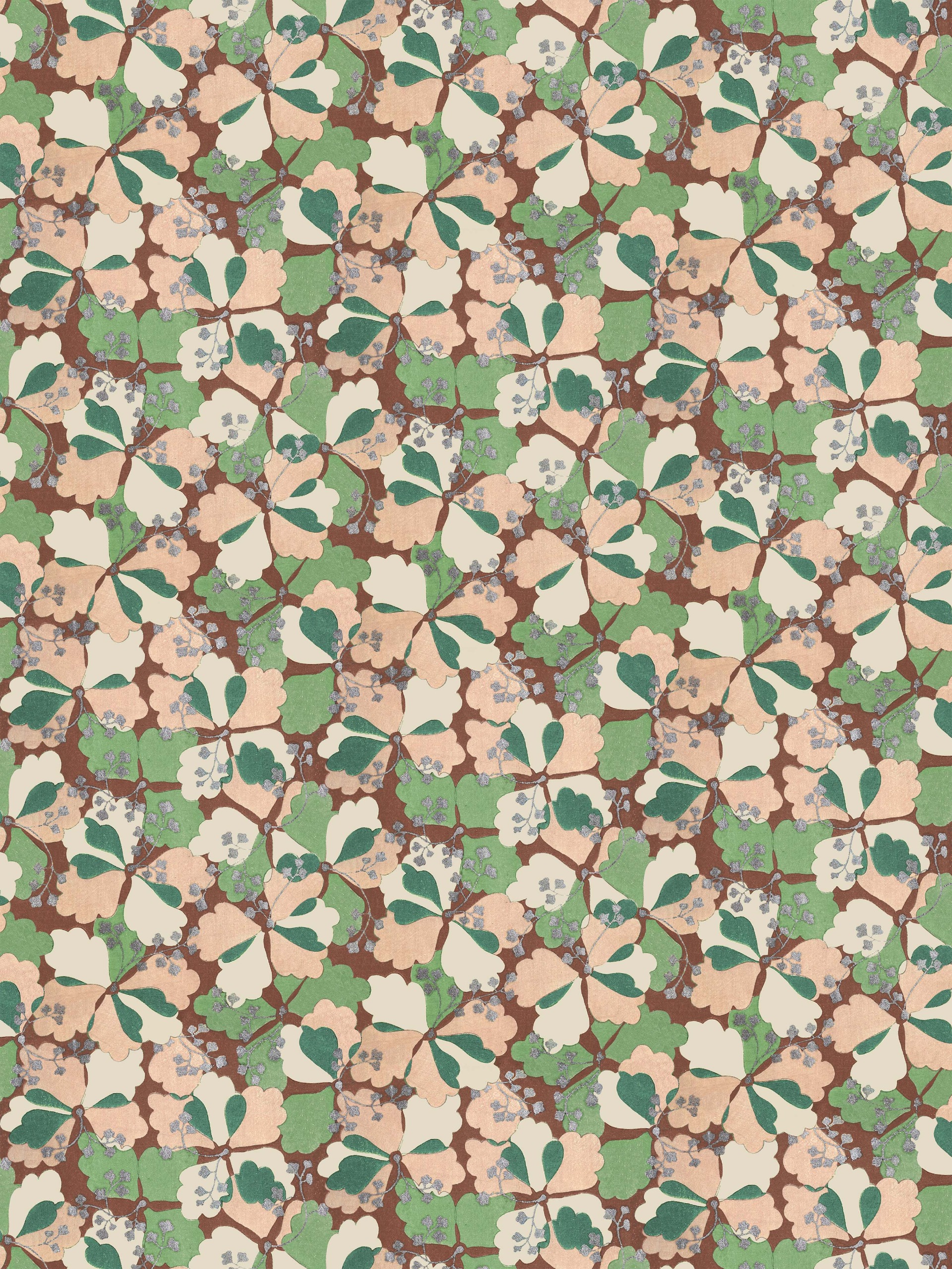 A sakura-flower print wallpaper in tones of dark red, green and peach