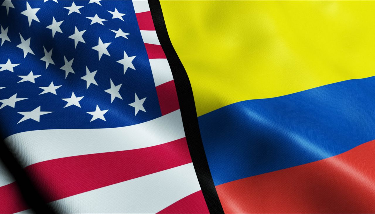 United States of America and Colombia Merged Flag Together.