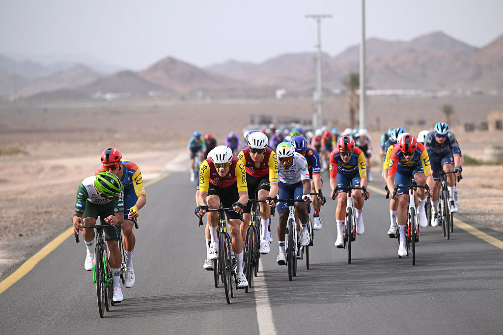 ALULA - CAMEL CUP TRACK, SAUDI ARABIA - JANUARY 27: (L-R) Fernando Gaviria of Colombia and Team Caja Rural - Seguros RGA, Jonathan Milan of Italy and Team Lidl - Trek, Hugo Page of France and Alex Kirsch of Luxembourg and Team Cofidis compete in the breakaway during the 6th AlUla Tour 2026, Stage 1 a 158km stage from AlUla Camel Cup Track to AlUla Camel Cup Track on January 27, 2026 in AlUla, Saudi Arabia. (Photo by Dario Belingheri/Getty Images)