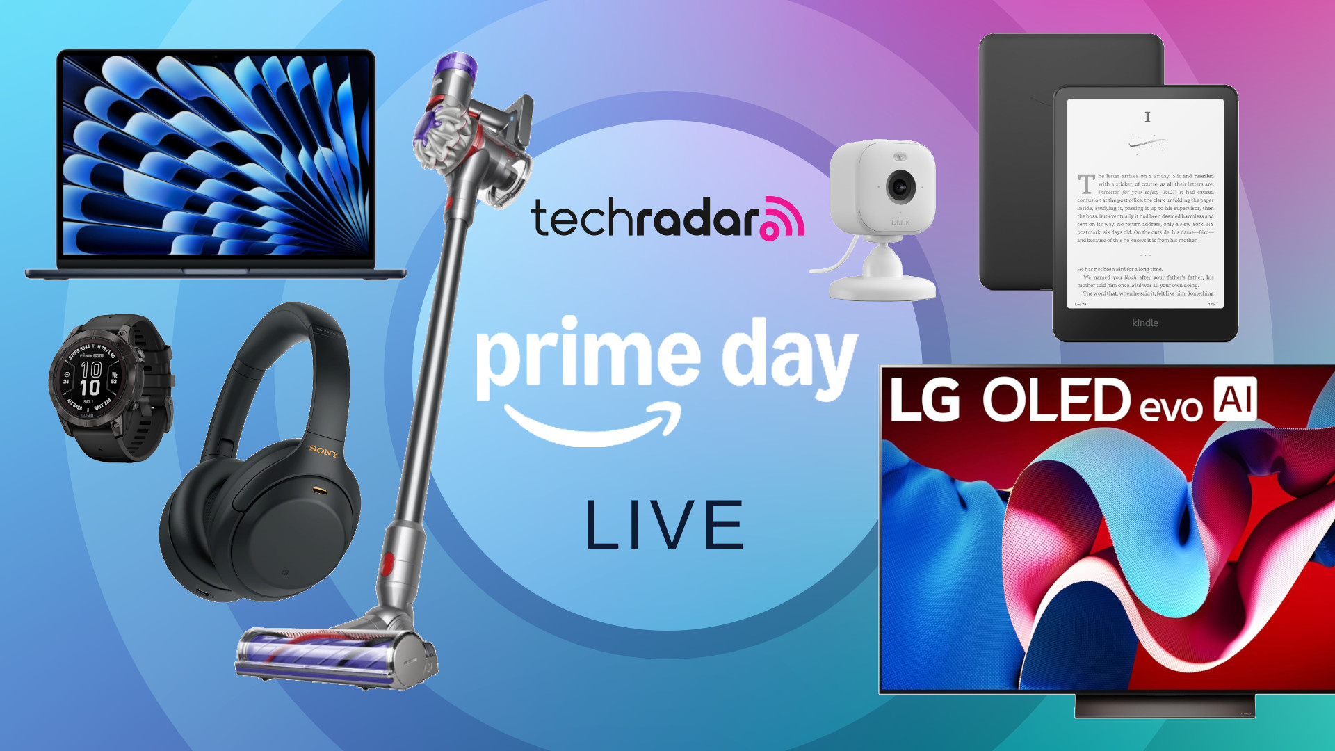Collage of tech from the Amazon Prime Day sale, including LG TV, MacBook Air, Dyson vacuum, Kindle, Sony headphones and Garmin smartwatch